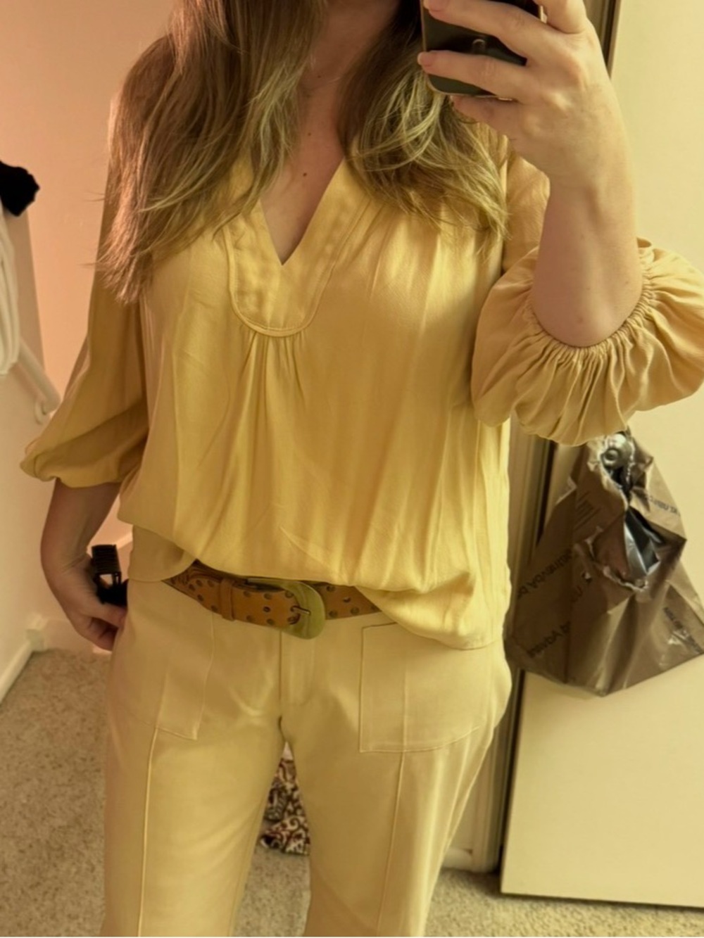 Cream/Beige V-Neck Puff Sleeve Blouse - Women Tops